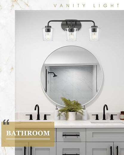 Bathroom Light Fixtures, 3-Light Matte Black Vanity Lights Over Mirror with Clear Glass, Modern Vanity Lighting Fixtures, AD-22004-3W-BK-C