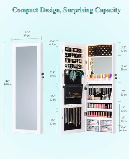 LUXFURNI Wall & Door‑Mounted Storage Jewelry Armoire Cabinet with Mirror | Built‑in LED Mirror, Acrylic Lipstick Tray, 4 Clear Drawers, Large Velvet‑Lined Storage, Full Length Mirror Lockable