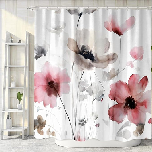 Sanzugh Boho Floral Shower Curtain, Cream Tan Beige Red Grey White Flower Farmhouse Fabric Shower Curtains Set for Bathroom Decorative with Hooks 72 X 72 inch Spring Bath Decor