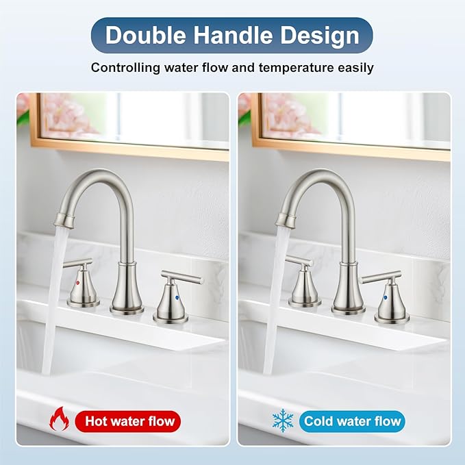 Widespread Bathroom Faucet 3 Hole, 8 inch Bathroom Sink Faucet with Pop-up Drain and Supply Lines, Two Handles, Stainless Steel, Brushed Nickel