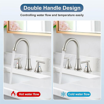 Widespread Bathroom Faucet 3 Hole, 8 inch Bathroom Sink Faucet with Pop-up Drain and Supply Lines, Two Handles, Stainless Steel, Brushed Nickel