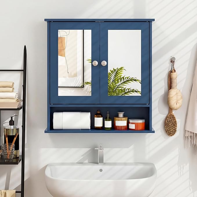 Tangkula Bathroom Medicine Cabinet with Mirror, Wall Mounted Wooden Hanging Organizer with Doors and Shelves, Bathroom Wall Mirror Cabinet (Mirror Doors, Blue)