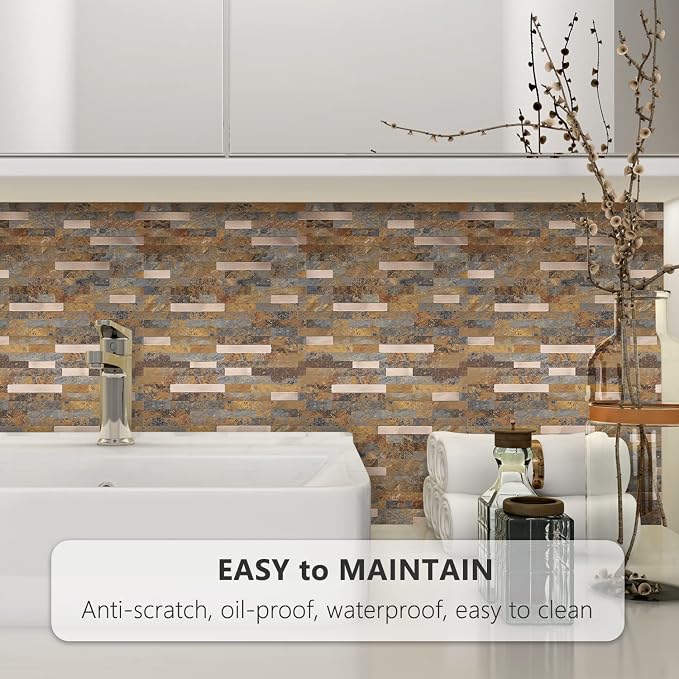 STICKGOO Peel and Stick Backsplash, PVC Wall Tiles Stick on Backsplash for Kitchen(10 Sheets, Rust Brown with Metal Gold)