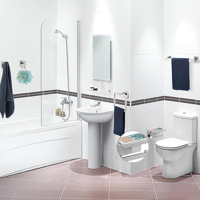 5 Pieces Bathroom Hardware Accessories Set Brushed Nickel, 24Inch Square Towel Racks Set for Bathroom, SUS304 Stainless Steel Towel Bar Set,Toilet Paper Holder with Shelf Wall Mounted