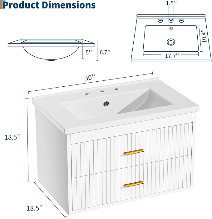 Floating Bathroom Vanity with Sink, 30 Inch Wall Mounted Fluted Vanity | Bathroom Cabinet with Ceramic Sink Top & 2 Soft-Close Drawers, Gold Metal Handle, Easy to Assembly White