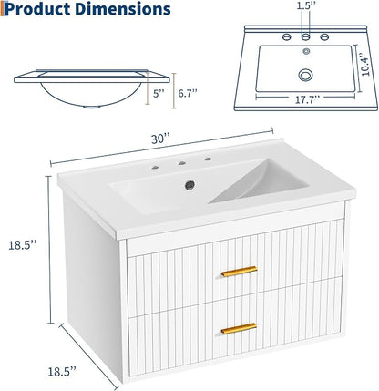 Floating Bathroom Vanity with Sink, 30 Inch Wall Mounted Fluted Vanity | Bathroom Cabinet with Ceramic Sink Top & 2 Soft-Close Drawers, Gold Metal Handle, Easy to Assembly White
