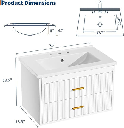 Floating Bathroom Vanity with Sink, 24 Inch Wall Mounted Fluted Vanity | Bathroom Cabinet with Ceramic Sink Top & 2 Soft-Close Drawers, Gold Metal Handle, Easy to Assembly White