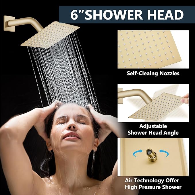 Aolemi Ceiling Shower Faucet Set System Dual Head 10&6 Inch Brushed Gold | 2 in 1 Handheld Spray,Shower Valve and Trim Kit,Push Button Diverter, 10"Top+6" Wall Rain Head,Bathroom Mixer for Couple