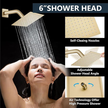 Aolemi Ceiling Shower Faucet Set System Dual Head 10&6 Inch Brushed Gold | 2 in 1 Handheld Spray,Shower Valve and Trim Kit,Push Button Diverter, 10"Top+6" Wall Rain Head,Bathroom Mixer for Couple