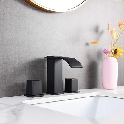 Luxury Brass Widespread Waterfall Bathroom Sink Faucets for 3 Hole 2-Handle 8 Inch Deck Vanity Faucet, &Stainless Steel Pop-up Drain Assembly, Matte Black