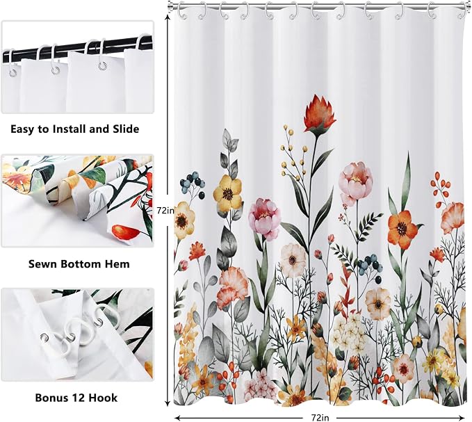 Floral Shower Curtain, Flower Shower Curtains for Bathroom, Watercolor Leaf Bathroom Curtain, Fabric Shower Curtains for Home Hotels Bathtubs Decor Easy Care Machine Washable 72x72