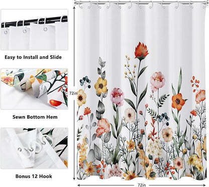 Floral Shower Curtain, Flower Shower Curtains for Bathroom, Watercolor Leaf Bathroom Curtain, Fabric Shower Curtains for Home Hotels Bathtubs Decor Easy Care Machine Washable 72x72
