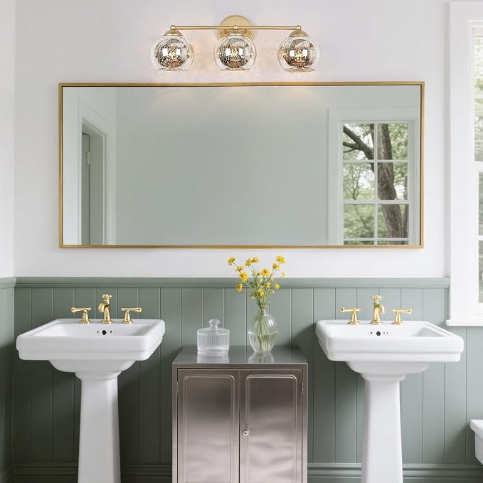 KSANA 3-Light Gold Vanity Light, Modern Globe Bathroom Light Fixtures with Mercury Glass Shades Over Mirror