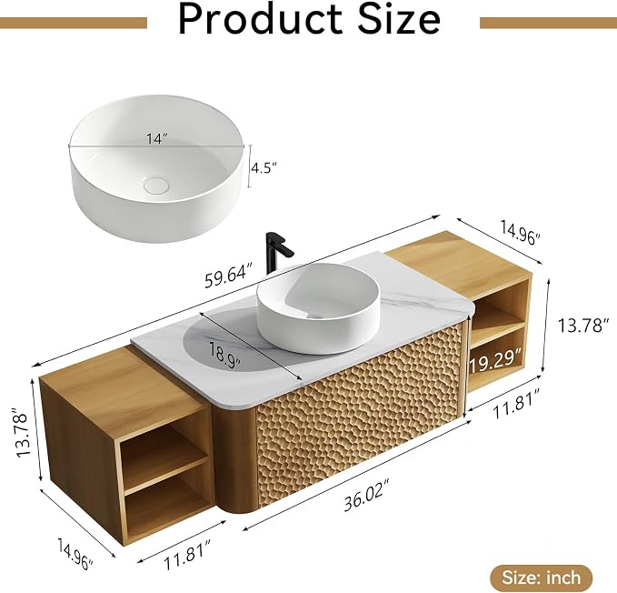 60 Inch Modern Bathroom Vanity with Ceramic Sink, Floating Bathroom Sink Cabinet with Sintered Stone Top&Solid Wood Hammered Frame, Single Bathroom Vanities w/Soft-Close Drawer&2 Side Open Cube