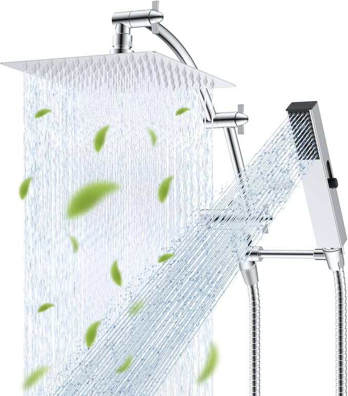 Hibbent All Metal CUPC Certified 8'' Rainfall Shower Head, Dual Shower Head Combo with 4 Handheld Sprays, High Pressure Shower Wand, 16'' Adjustable Extension Arm, 71'' Hose, Shower Holder, Chrome