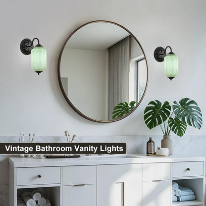 Green Glass Sconce Set of 2 Vintage Vanity Sconces Bulb Included | Green Glass Art Deco Antique Wall Sconce Wall Light for Bedroom Bathroom Living Room Entryway Antique Black and White 2 Pack