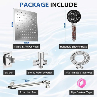 8 Inch Filtered Shower Head,Rain Shower Head with Handheld Spray Combo for Hard Water，Long Shower Hose