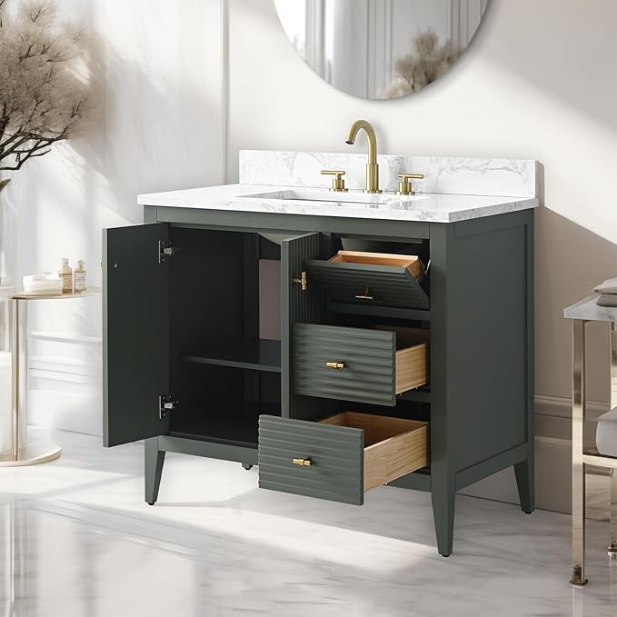 Vanity Art 36 inch Bathroom Vanity with Single Sink & Ceramic Top, Vanity Cabinet with Soft-Closing Door, Solid Wood Frame, Linear Pattern, Vintage Green, VA9136-VG-MB,Matte Black Handles