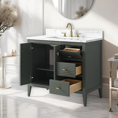 Vanity Art 36 inch Bathroom Vanity with Single Sink & Ceramic Top, Vanity Cabinet with Soft-Closing Door, Solid Wood Frame, Linear Pattern, Vintage Green, VA9136-VG-MB,Matte Black Handles
