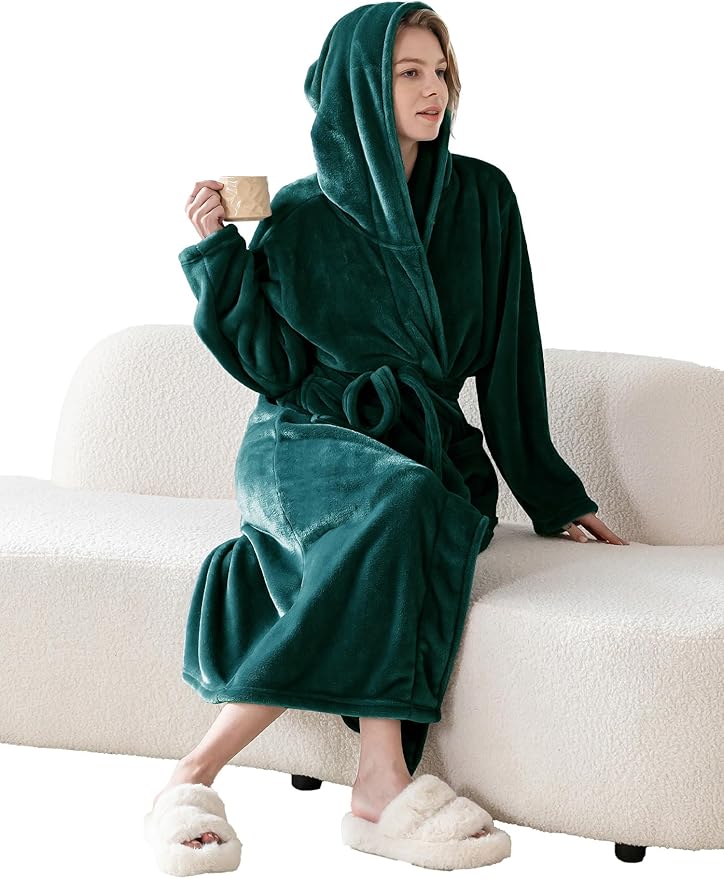 Robes for Women - Hooded Plush Fleece Bathrobe with Sash & Pockets, Full-Length Lightweight Spa Robe