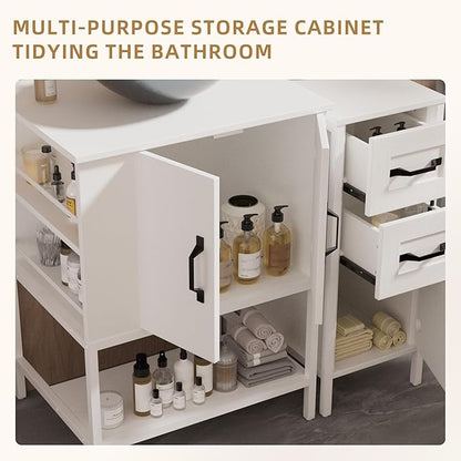 VNN Bathroom Vanity with Sink - 36 Inch Bathroom Vanity with Sink, Open Shelves and 3 Storage Drawers Side Cabinet, Modern Iron Wood Cabinet with Countertop Tempered Glass Vessel, White