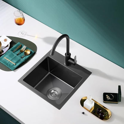 Black 304 Stainless Steel 15x17" Drop in Topmount Bar Sink | Single Bowl Overmount sink 8" Deep, Anti-scratch Black Coating, Great for Bar, Camper, Caravan and Mini Kitchen