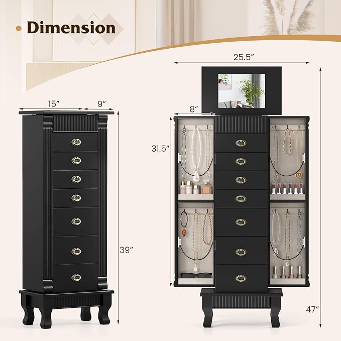 DREAMADE Jewelry Armoire, Standing Jewelry Box w/Mirror & 7 Drawers, Black | Flip Top Organizer with 2 Side Doors and Anti-Toppling Device, Large Jewelry Cabinet Storage for Bedroom