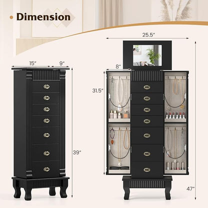 DREAMADE Jewelry Armoire, Standing Jewelry Box w/Mirror & 7 Drawers, Black | Flip Top Organizer with 2 Side Doors and Anti-Toppling Device, Large Jewelry Cabinet Storage for Bedroom