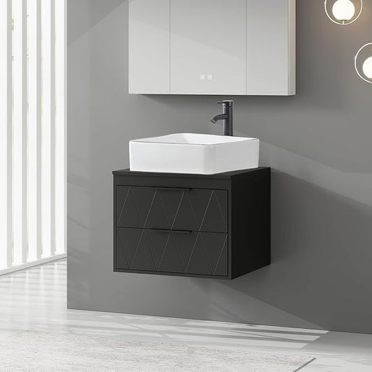 eclife 24" Floating Bathroom Vanities with Sink Combo, Wall Mounted Modern Cabinet W/Diamond Line Pattern Design, White Black Ceramic Vessel Sink W/Water Save Faucet & Pop Up Drain, Black