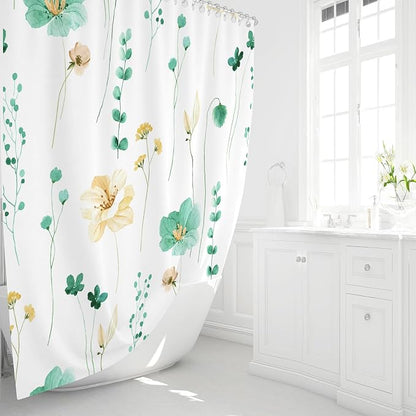 Mint Green Beige Watercolor Floral Fabric Shower Curtain, 72x72 | Waterproof Fabric, Modern Minimalist Floral Print, Machine Washable, Rustproof Grommets, for Bathroom