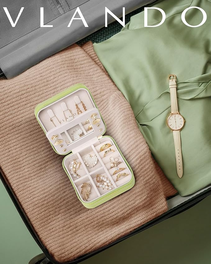 VLANDO Travel Jewelry Case with Mirror, Storage 3 Pairs of Stud Earrings | Necklace Hook for Anti-tangle, Removable Dividers, Waterproof PU Leather,Portable Storage for Rings, Necklace Gifts for Women