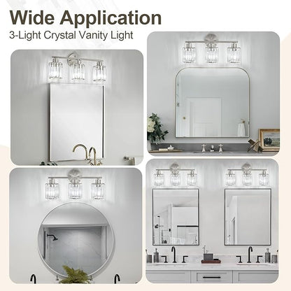 Crystal Bathroom Light Fixtures, Bathroom Lighting Fixtures Over Mirror, Modern 3-Light Brushed Nickel Vanity Lights for Mirror, Restroom, Kitchen(Ceramic E26 Socket,Bulbs Not Include)