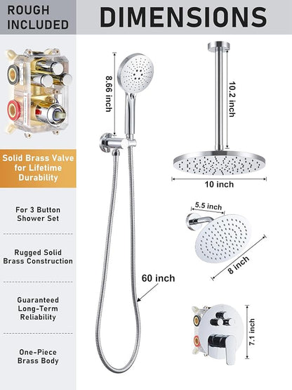 Woindo Shower Faucet Set 10" Rain Shower Head/8'' Side Shower Head and 3 Setting Handheld Ceiling Mount 3 Push Button Diverter Complete Rainfall Round Shower System Included Valve Trim Kit