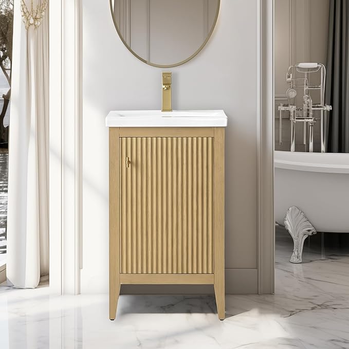 Vanity Art 20 inch Bathroom Vanity with Single Sink & Ceramic Top, Vanity Cabinet with Soft-Closing Door, Solid Wood Frame, Linear Pattern, Natural Oak, Golden Brushed Handware VA9120-NO-GB