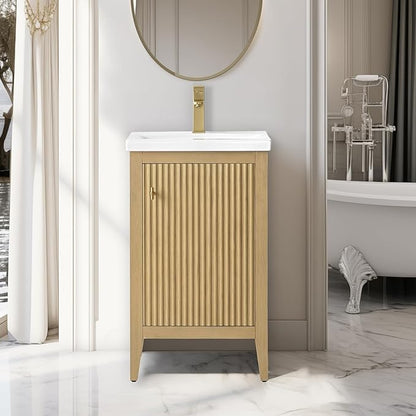 Vanity Art 20 inch Bathroom Vanity with Single Sink & Ceramic Top, Vanity Cabinet with Soft-Closing Door, Solid Wood Frame, Linear Pattern, Natural Oak, Golden Brushed Handware VA9120-NO-GB