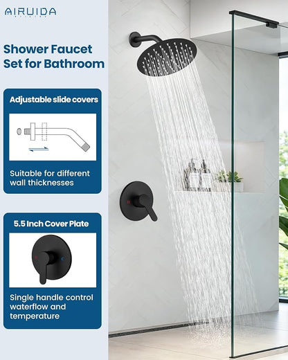 Airuida 8 Inch Matte Black Shower Faucet Set,Shower Valve Kit | Female Threads Rough-in Valve Shower Trim Kit,Single Handle Control Shower Set