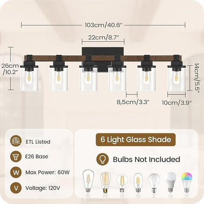 6-Light Bathroom Light Fixtures, Farmhouse Vanity Lights for Bathroom with Glass Square Shade, Rustic Vanity Lights, Sconce Wall Light, E26 Base (Bulbs Not Included), ETL Listed FS12BD05