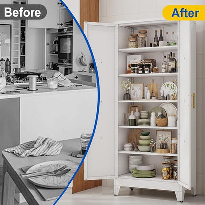 75" Metal Storage Cabinet with 2 Doors and 5 Adjustable Shelves,White Farmhouse Kitchen Pantry Cabinet,Steel Garage Tool Cabinet,File Cabinetfor Home,Office,Dinning Living Room,Warehouse