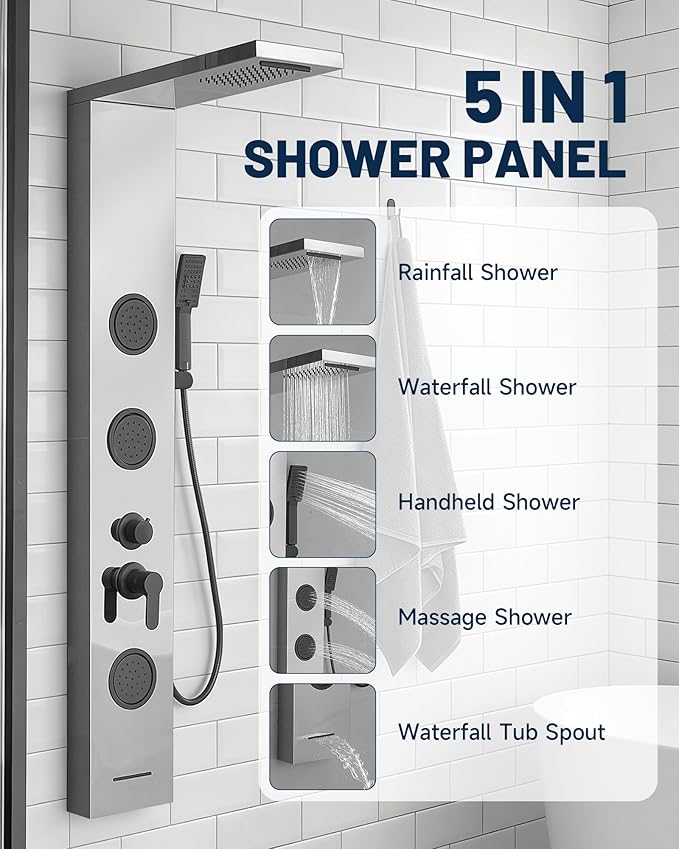 Homevacious 5 In 1 Shower Panel Brushed Nickel Shower Tower System with Rainfall Waterfall Shower Head 3 Body Jets Handheld Shower Head and Tub Spout Modern Massage Shower System