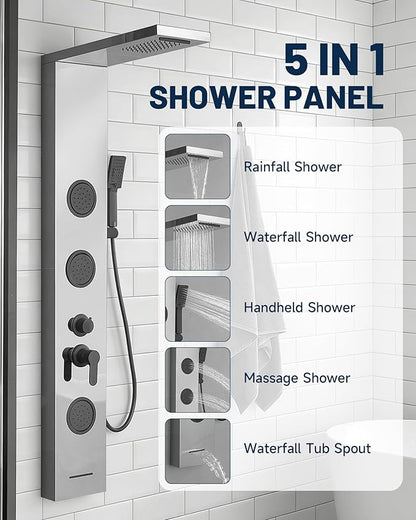 Homevacious 5 In 1 Shower Panel Brushed Nickel Shower Tower System with Rainfall Waterfall Shower Head 3 Body Jets Handheld Shower Head and Tub Spout Modern Massage Shower System