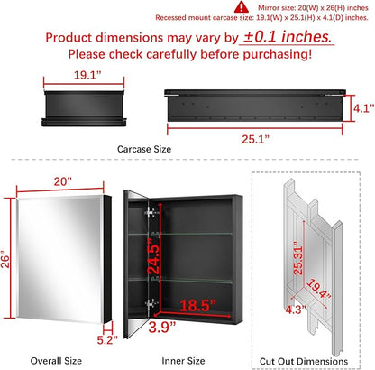 Fundin Medicine Cabinet 20 x 26 inches Mirror Size, Recessed or Surface Mount, Black Aluminum Bathroom Wall Cabinet with Mirror and Adjustable Shelves.