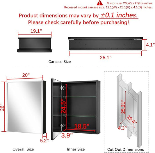 Fundin Medicine Cabinet 20 x 26 inches Mirror Size, Recessed or Surface Mount, Black Aluminum Bathroom Wall Cabinet with Mirror and Adjustable Shelves.