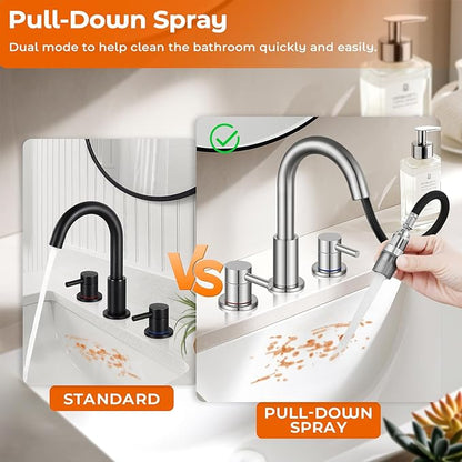 FGKQ Brushed Nickel Bathroom Faucet 3 Hole with Pull Down Sprayer 2 Modes, Pull Down Bathroom Sink Faucet with Pop Up Drain, 8 Inch Widespread Bathroom Faucet