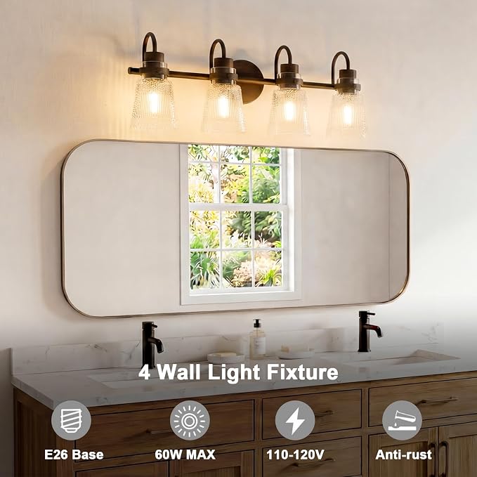 Vintage Farmhouse Vanity Wall Sconce Lighting, 4-Light Oil Rubbed Bronze Bathroom Vanity Light Over Mirror with Clear Striped Glass Shade, 25.7" Retro Wall Lamp for Bedroom Living Room