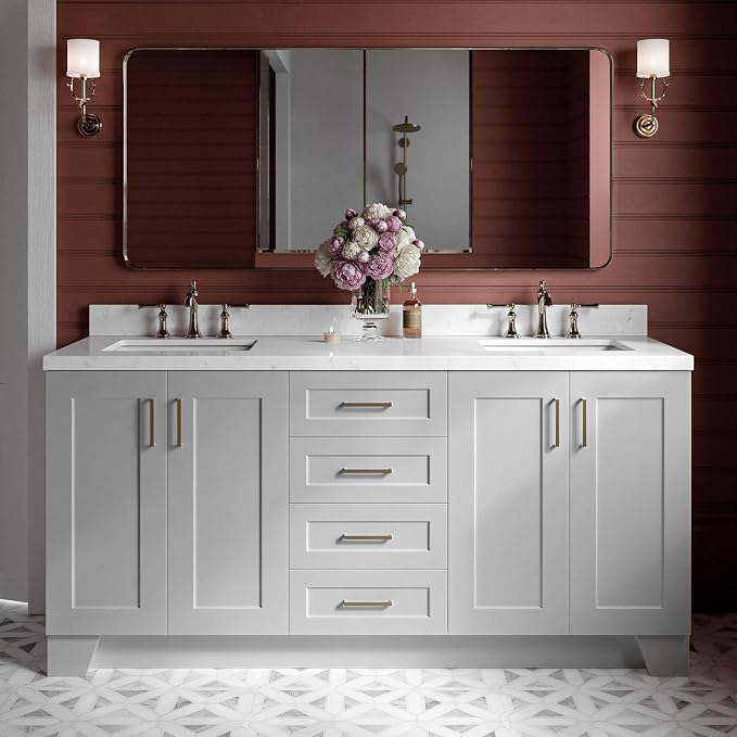ARIEL Taylor 72-inch Bathroom Vanity with Sink,Solid Wood, 1.5-inch Carrara White Quartz Countertop & Backsplash, Double Rectangular Porcelain Sink, 4 Soft Closing Doors, 6 Dovetail Drawers, Grey