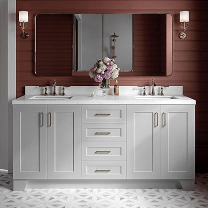 ARIEL Taylor 72-inch Bathroom Vanity with Sink,Solid Wood, 1.5-inch Carrara White Quartz Countertop & Backsplash, Double Rectangular Porcelain Sink, 4 Soft Closing Doors, 6 Dovetail Drawers, Grey