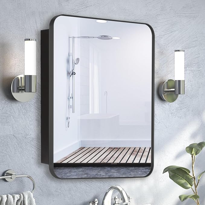 16’’x26’’ Medicine Cabinet,Metal Framed Medicine Cabinet Mirror with Round Corner,Recessed and Surface Mount Bathroom Mirror with Storage, Removeable Shelves,Dark Gray Frame