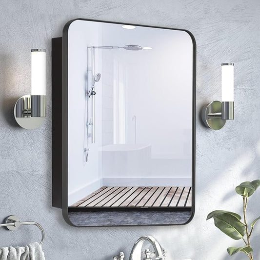 16’’x26’’ Medicine Cabinet,Metal Framed Medicine Cabinet Mirror with Round Corner,Recessed and Surface Mount Bathroom Mirror with Storage, Removeable Shelves,Dark Gray Frame