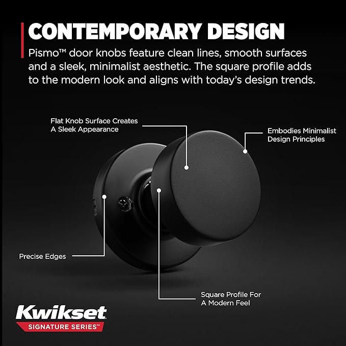 Kwikset Pismo Dummy Door Knob, Single Sided Handle for Closets, French Double Doors, and Pantry, Matte Black Non-Turning Interior Push/Pull Door Knob, with Microban Protection (Pack of 4)
