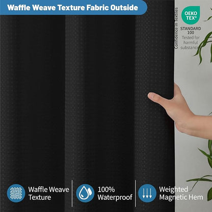 2-in-1 Waterproof Fabric Shower Curtain - No Separate Liner Needed, Hotel-Style Waffle Weave, Effortless Cleaning & Washable Bathroom Shower Curtain Set,72Wx72H,Black